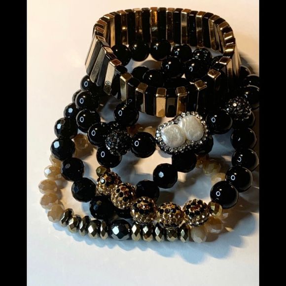 Black 5 bracelet stack, including crystal and pearl bead accents - Picture 3 of 3